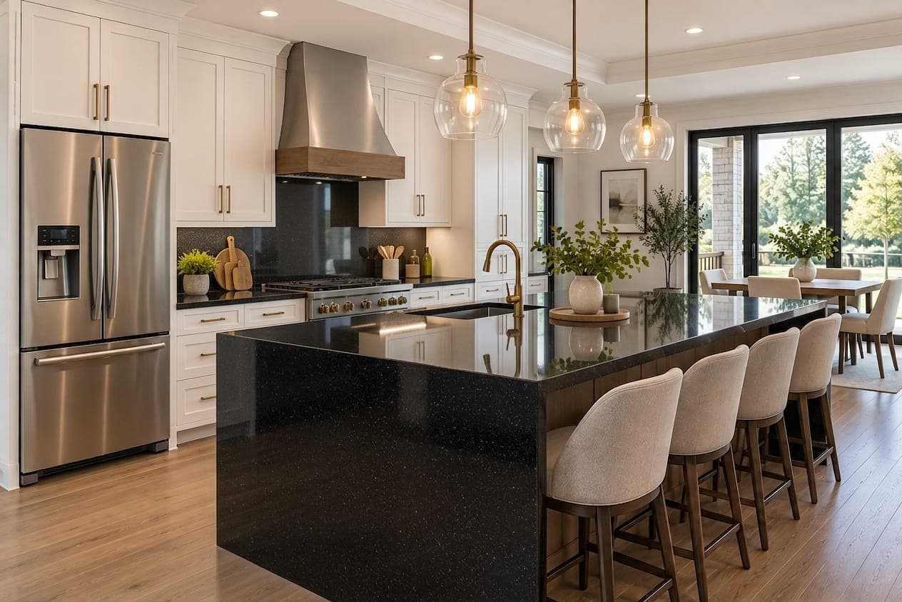 A kitchen rendered with new stone countertops