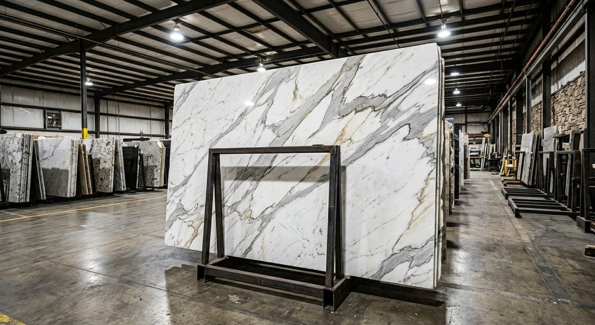 A Calacatta marble slab standing in a rack in a stone yard